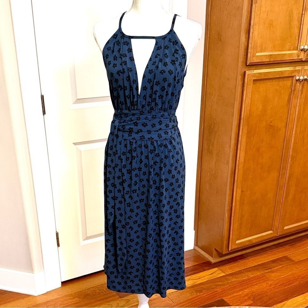 MARC JACOBS DRESS BLUE FLORAL FIT FLAIR BODYCON RUCH WRAP COCKTAIL DANCE DATE M